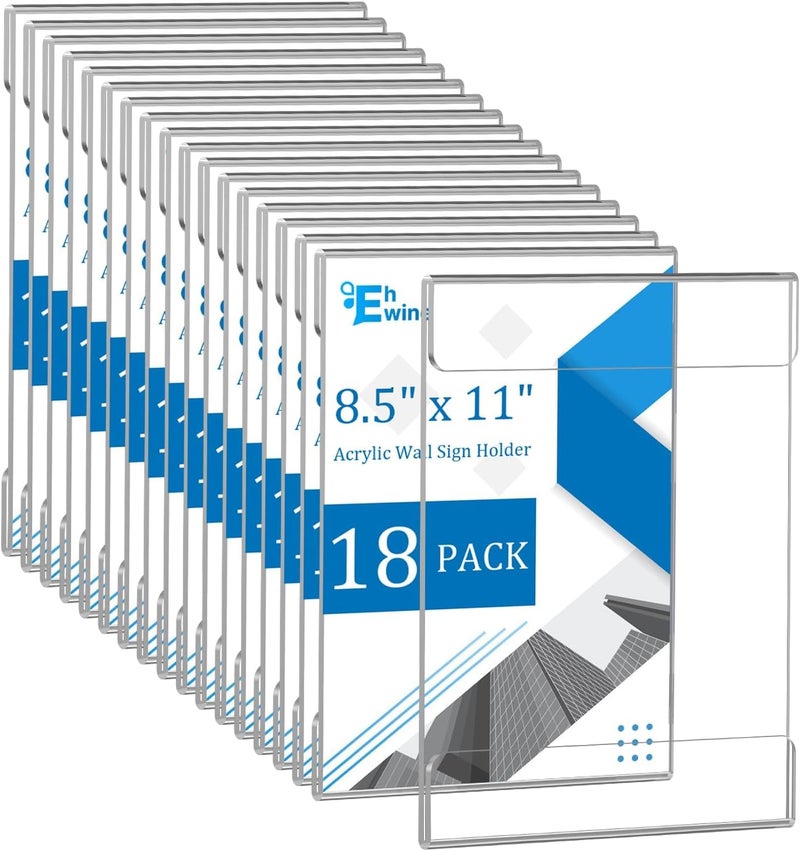 EHWINE 18 Pack 8.5 x 11 Wall Mount Acrylic Sign Holder, Wall Signs Photo Menu Flyer Display Holders, Plastic Clear Acrylic Frames for Office Home Hotel Business Store (with Adhesive Tape) - Image 1